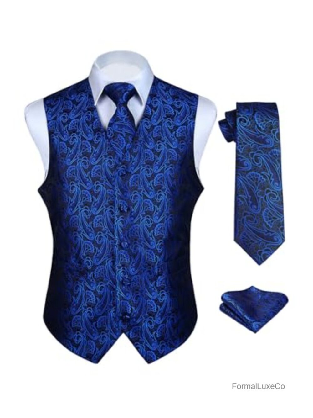 Mens Paisley Jacquard Vest Tie Pocket Square Set Slim Fit Formal